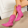 Point Toe Block Heels Boots - Hot Pink