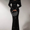 Off-Shoulder Glitter Evening Maxi Dress - Black