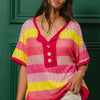 BiBi Multi Color Stripe Hacci Button Detail Ringer Top - FUCHSIA/YELLOW