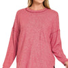 Zenana Soft Melange Hacci Round-Neck Long Sleeve T-Shirt - DK RED