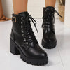 Lace Up Block Heel Boots - Black