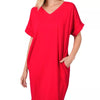 Zenana Brushed Dty Rolled Short Sleeve V-Neck Dress - RUBY