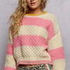 POL Contrast Striped Round Neck Sweater with Textured Cable Knit Pattern - PINK STRIPE