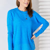 Zenana Ribbed Trim Round Neck Long Sleeve Top - Ocean Blue