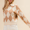 BiBi Diamond Pattern Collared Notch Neck Sweater - OATMEAL/LATTE