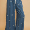 Umgee Full Size Lace Drawstring Embroidered Bow Wide Leg Pants Plus Size - Dusty Blue