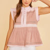 Annie Wear Contrast Trim Peplum Button Detail Blouse - Dusty Pink