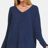 Zenana High-Low Center Seam V-Neck Sweater - Dark Navy