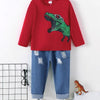 Dinosaur Round Neck Long Sleeve Top and Distressed Pants Set - Deep Red