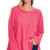 Zenana Brushed Hacci Exposed Seam Hi Low Sweater - HOT PINK