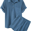 Men's Full Size Button Detail Short Sleeve Top and Shorts Set Plus Size - Blue