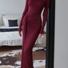 Turtleneck Long Sleeve Slit Maxi Dress - Burgundy