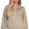 Zenana Fleece Pigment Dye Half Zip Kangaroo Pocket Hoodie - ASH MOCHA