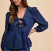 Annie Wear Tie Front Peplum Long Sleeve Denim Top - Navy