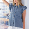 Mittoshop Washed Denim Ruffle Short Sleeve Collared Shirt - DENIM