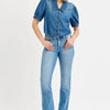 RISEN Button Down Puff Sleeve Crop Denim Shirt - MEDIUM