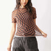 Davi & Dani Checker Board Printed Mesh Short Sleeve Top - BROWN BLACK