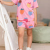 Children's Strawberry Print Round Neck Tee and Shorts Set - Pink