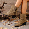 Suede Ankle Boots with Bow Accent - Khaki