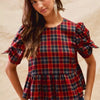 SO ME Christmas Holiday Plaid Ribbon Short Sleeves Top - RED