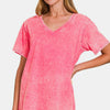 Zenana Full Size Washed Short Sleeve V-Neck T-Shirt - Strawberry
