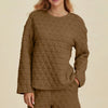 Double Take Full Size Texture Round Neck Long Sleeve Top and Shorts Set - Coffee Brown