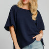 Umgee Full Size Boxy Cut Jacquard Round Neck Top with Side Slit Plus Size - Dark Navy
