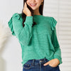 Double Take Ruffle Shoulder Long Sleeve T-Shirt - Dark Green