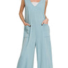 Zenana French Terry Deep V Neck Jumpsuits - DUSTY TEAL