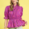 Umgee Printed Half Sleeve Peplum Blouse - Red-Violet