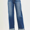RISEN Mid Rise Wide Straight Jeans With Wide Cuff - DARK