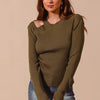 SO ME Rib Knit Top with Shoulder Cut Out - OLIVE