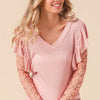 BiBi Ruffled Lace Sleeve Rib Knit Top - Blush Pink