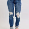 Judy Blue Full Size Mid Rise Boyfriend destroy Jeans with Yoke Pockets and Faux Selvedge Cuff Plus Size - DK