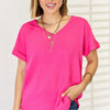 Zenana V-Neck Rolled Short Sleeve T-Shirt - Hot Pink