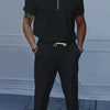 Men's Full Size Quarter Zip Short Sleeve Polo and Pants Set Plus Size - Black
