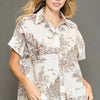 Umgee Full Size Two Tone Print Button Up Short Sleeve Shirt Plus Size - Khaki