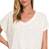 Zenana Hacci Slub V-neck Drop Shoulder Crop Top - IVORY