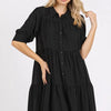 Mittoshop Button Detail Collared Neck Tiered Shirt Dress - Black