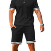 Men's Full Size Contrast Trim Polo and Shorts Set Plus Size - Black