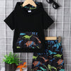 Children's Dinosaur Short Sleeve Hooded Top and Pants Set - Black