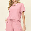 Double Take Full Size Texture Short Sleeve T-Shirt and Drawstring Shorts Set - Dusty Pink