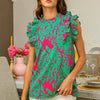 BiBi Leopard Leaves Print Woven Top - JADE/FUCHSIA