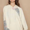POL Floral Patchwork Distressed Drawstring Hoodie - Cream