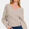Zenana Cross Wrap Rib Long Sleeve Sweater - H Mocha