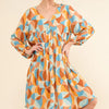 And The Why Printed Open Back Puff Sleeve Casual Dress - Blue Multi