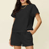 Double Take Full Size Texture Short Sleeve T-Shirt and Drawstring Shorts Set - Black