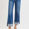 RISEN Mid Rise Ankle Straight Jeans with Cuffed Hem - DARK