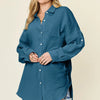 Double Take Full Size Pocketed Texture Button Up Shirt - Dark Blue