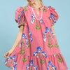 Umgee Floral Print Puff Sleeve Mini Dress with Scallop Trim - PINK